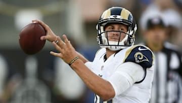 Aug 13, 2016; Los Angeles, CA, USA; Los Angeles Rams quarterback Jared Goff (16) passes the ball against the Dallas Cowboys during the second quarter at Los Angeles Memorial Coliseum. Mandatory Credit: Kelvin Kuo-USA TODAY Sports