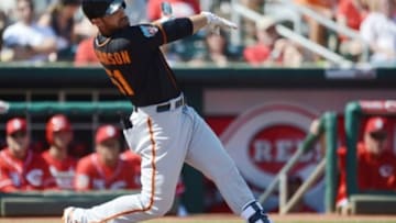 Mar 4, 2016; Goodyear, AZ, USA; San Francisco Giants left fielder Mac Williamson (51) swings the bat against the Cincinnati Reds during the second inning at Goodyear Ballpark. Mandatory Credit: Joe Camporeale-USA TODAY Sports