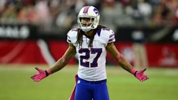 Oct. 14, 2012; Glendale, AZ, USA; Buffalo Bills cornerback Stephon Gilmore reacts against the Arizona Cardinals at University of Phoenix Stadium. The Bills defeated the Cardinals 19-16 in overtime. Mandatory Credit: Mark J. Rebilas-USA TODAY Sports
