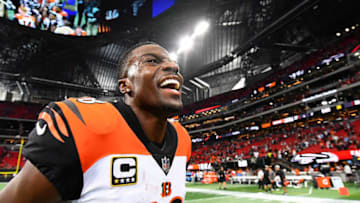 ATLANTA, GA - SEPTEMBER 30: A.J. Green #18 of the Cincinnati Bengals celebrates beating the Atlanta Falcons at Mercedes-Benz Stadium on September 30, 2018 in Atlanta, Georgia. (Photo by Scott Cunningham/Getty Images)