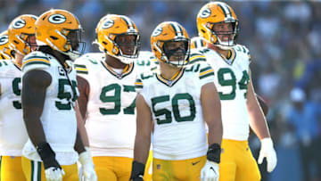 CARSON, CALIFORNIA - NOVEMBER 03: Blake Martinez #50, Kenny Clark #97, Za'Darius Smith #55 and Dean Lowry #94 of the Green Bay Packers look on during the second half of a game against the Los Angeles Chargers at Dignity Health Sports Park on November 03, 2019 in Carson, California. (Photo by Sean M. Haffey/Getty Images)