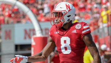LINCOLN, NE - SEPTEMBER 15: Wide receiver Stanley Morgan Jr. #8 of the Nebraska Cornhuskers reacts after scoring against the Troy Trojans at Memorial Stadium on September 15, 2018 in Lincoln, Nebraska. (Photo by Steven Branscombe/Getty Images)