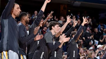 CLEVELAND, OH - MARCH 1: The Cleveland Cavaliers bench celebrates after a three point shot against the Philadelphia 76ers on March 1, 2018 at Quicken Loans Arena in Cleveland, Ohio. NOTE TO USER: User expressly acknowledges and agrees that, by downloading and/or using this Photograph, user is consenting to the terms and conditions of the Getty Images License Agreement. Mandatory Copyright Notice: Copyright 2018 NBAE (Photo by David Liam Kyle/NBAE via Getty Images)