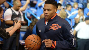 May 12, 2016; Oklahoma City, OK, USA; Oklahoma City Thunder guard Russell Westbrook (0) takes the floor before action against the San Antonio Spurs in game six of the second round of the NBA Playoffs at Chesapeake Energy Arena. Mandatory Credit: Mark D. Smith-USA TODAY Sports
