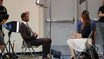 Jul 10, 2013; Playa Vista, CA, USA; Los Angeles Clippers guard Chris Paul (left) is interviewed by NBATV reporter Rachel Nichols before the start of a press conference at the team headquarters. Mandatory Credit: Jayne Kamin-Oncea-USA TODAY Sports