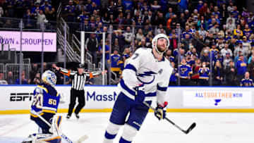 ST LOUIS, MO - NOVEMBER 30: Victor Hedman #77 of the Tampa Bay Lightning reacts after missing a shot against Jordan Binnington #50 of the St. Louis Blues during shootouts at Enterprise Center on November 30, 2021 in St Louis, Missouri. (Photo by Jeff Curry/Getty Images)