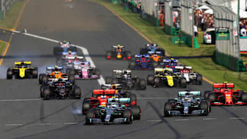 MELBOURNE, AUSTRALIA - MARCH 17: Valtteri Bottas driving the (77) Mercedes AMG Petronas F1 Team Mercedes W10 leads Lewis Hamilton of Great Britain driving the (44) Mercedes AMG Petronas F1 Team Mercedes W10 and the rest of the field at the start during the F1 Grand Prix of Australia at Melbourne Grand Prix Circuit on March 17, 2019 in Melbourne, Australia. (Photo by Charles Coates/Getty Images)