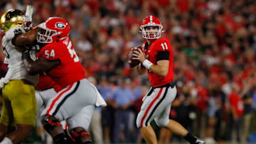 ATHENS, GEORGIA - SEPTEMBER 21: Jake Fromm #11 of the Georgia Bulldogs looks to make a second quarter pass while playing the Notre Dame Fighting Irish at Sanford Stadium on September 21, 2019 in Athens, Georgia. (Photo by Kevin C. Cox/Getty Images)
