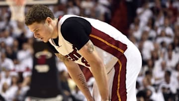 May 13, 2016; Miami, FL, USA; Miami Heat guard Tyler Johnson (8) takes a breather during the first quarter in game six of the second round of the NBA Playoffs against the Toronto Raptors at American Airlines Arena. Mandatory Credit: Steve Mitchell-USA TODAY Sports