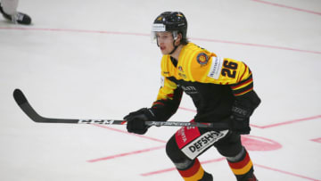 11 April 2019, Bavaria, Kaufbeuren: Eishockey: International match, Germany - Slovakia, erdgas schwaben arena Kaufbeuren: German Dominik Bokk runs on the ice. Photo: Karl-Josef Hildenbrand/dpa (Photo by Karl-Josef Hildenbrand/picture alliance via Getty Images)