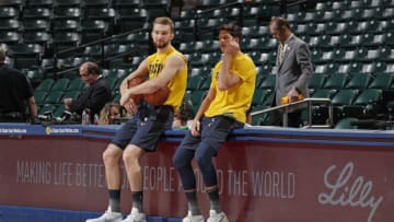 INDIANAPOLIS, IN - FEBRUARY 5: Domantas Sabonis #11 and Doug McDermott #20 of the Indiana Pacers look on before the game against the Los Angeles Lakers on February 5, 2019 at Bankers Life Fieldhouse in Indianapolis, Indiana. NOTE TO USER: User expressly acknowledges and agrees that, by downloading and/or using this photograph, user is consenting to the terms and conditions of the Getty Images License Agreement. Mandatory Copyright Notice: Copyright 2019 NBAE (Photo by Jeff Haynes/NBAE via Getty Images)