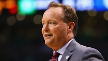 BOSTON, MA - APRIL 22: Mike Budenholzer of the Atlanta Hawks looks on during the first quarter of Game Three of the Eastern Conference Quarterfinals during the 2016 NBA Playoffs between the Atlanta Hawks and the Boston Celtics at TD Garden on April 22, 2016 in Boston, Massachusetts. NOTE TO USER User expressly acknowledges and agrees that, by downloading and or using this photograph, user is consenting to the terms and conditions of the Getty Images License Agreement. (Photo by Maddie Meyer/Getty Images)