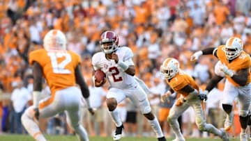 Oct 15, 2016; Knoxville, TN, USA; Alabama Crimson Tide quarterback Jalen Hurts (2) carries the ball against the Tennessee Volunteers during the third quarter at Neyland Stadium. Mandatory Credit: John David Mercer-USA TODAY Sports