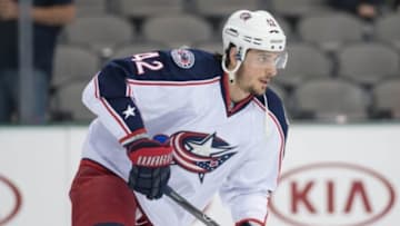 Apr 9, 2014; Dallas, TX, USA; Columbus Blue Jackets center Artem Anisimov (42) skates in warm-ups prior to the game against the Dallas Stars at the American Airlines Center. The Blue Jackets defeated the Stars 3-1. Mandatory Credit: Jerome Miron-USA TODAY Sports