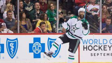 Apr 20, 2016; Saint Paul, MN, USA; Dallas Stars forward Patrick Eaves (18) celebrates after scoring a goal in the second period against the Minnesota Wild in game four of the first round of the 2016 Stanley Cup Playoffs at Xcel Energy Center. Mandatory Credit: Brad Rempel-USA TODAY Sports