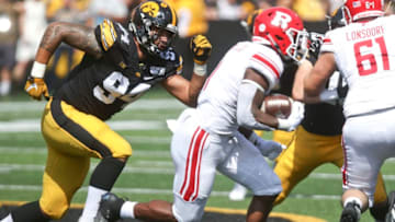 IOWA CITY, IOWA- SEPTEMBER 7: Defensive end A.J. Epenesa #94 of the Iowa Hawkeyes gives chase during the first half of running back Isaih Pacheco #1 of the Rutgers Scarlet Knights on September 7, 2019 at Kinnick Stadium in Iowa City, Iowa. (Photo by Matthew Holst/Getty Images)