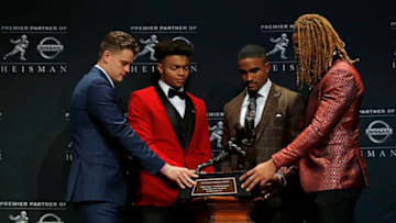 NEW YORK, NY - DECEMBER 14: (L-R) Finalists for the 85th annual Heisman Memorial Trophy, quarterback Joe Burrow of the LSU Tigers, quarterback Justin Fields of the Ohio State Buckeyes, quarterback Jalen Hurts of the Oklahoma Sooners and defensive end Chase Young of the Ohio State Buckeyes pose for a picture on December 14, 2019 in New York City. (Photo by Adam Hunger/Getty Images)