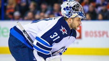 Feb 13, 2016; Edmonton, Alberta, CAN; Winnipeg Jets goalie Ondrej Pavelec (31) skates during the second period against the Edmonton Oilers at Rexall Place. Winnipeg Jets won 2-1. Mandatory Credit: Sergei Belski-USA TODAY Sports