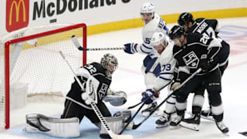 Kyle Clifford #73 of the Toronto Maple Leafs skates against Sean Walker #26 and Jonathan Quick #32 of the Los Angeles Kings during the second period at Staples Center. (Photo by Katelyn Mulcahy/Getty Images)