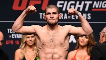 CLEARWATER, FL - APRIL 15: Khabib Nurmagomedov of Russia steps on the scale during the UFC Fight Night weigh-in at Ruth Eckerd Hall on April 15, 2016 in Clearwater, Florida. (Photo by Jeff Bottari/Zuffa LLC/Zuffa LLC via Getty Images)
