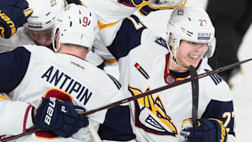 YEKATERINBURG, RUSSIA FEBRUARY 4, 2019: HC Metallurg Magnitogorsk's Pavel Dorofeyev (R) and Viktor Antipin celebrate scoring in their 2018/19 KHL Regular Season ice hockey match against HC Avtomobilist Yekaterinburg at Uralets Arena. Donat Sorokin/TASS (Photo by Donat SorokinTASS via Getty Images)
