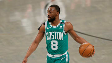 Kemba Walker #8 of the Boston Celtics dribbles during the first half of Game Two of their Eastern Conference first-round playoff series against the Brooklyn Nets at Barclays Center on May 25, 2021 in the Brooklyn borough of New York City. NOTE TO USER: User expressly acknowledges and agrees that, by downloading and or using this photograph, User is consenting to the terms and conditions of the Getty Images License Agreement. (Photo by Sarah Stier/Getty Images)