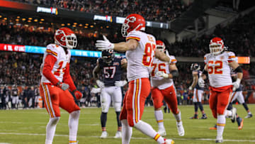CHICAGO, ILLINOIS - DECEMBER 22: Tight end Travis Kelce #87 of the Kansas City Chiefs celebrates his touchdown with teammate wide receiver Sammy Watkins #14 in the second quarter of the game against the Chicago Bears at Soldier Field on December 22, 2019 in Chicago, Illinois. (Photo by Dylan Buell/Getty Images)