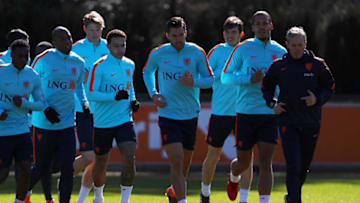 ZEIST, NETHERLANDS - MARCH 20: Ryan Babel, Memphis Depay and Virgil van Dijk in action during the Netherlands Training session held at KNVB Sportcentrum on March 20, 2018 in Zeist, Netherlands. The Netherlands will play England in a International Friendly match on March 23 in the Amsterdam ArenA. (Photo by Dean Mouhtaropoulos/Getty Images)