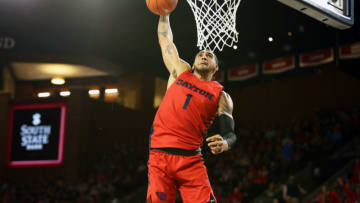 Dayton Flyers forward Obi Toppin dunks the ball. (Photo by Ryan M. Kelly/Getty Images)