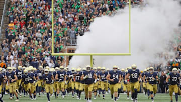 SOUTH BEND, IN - SEPTEMBER 08: Members of the Notre Dame Fighting Irish enter the field before a game agaoinst the Ball State Cardinals at Notre Dame Stadium on September 8, 2018 in South Bend, Indiana. Notre Dame defeated Ball State 24-16. (Photo by Jonathan Daniel/Getty Images)