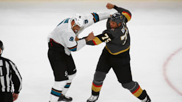 LAS VEGAS, NV - APRIL 14: Ryan Reaves (75) of the Vegas Golden Knights fights Evander Kane (9) of the San Jose Sharks during a Stanley Cup Playoffs first round game between the San Jose Sharks and the Vegas Golden Knights on April 14, 2019 at T-Mobile Arena in Las Vegas, Nevada. (Photo by Jeff Speer/Icon Sportswire via Getty Images)