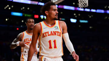 Jan 7, 2022; Los Angeles, California, USA; Atlanta Hawks guard Trae Young (11) reacts during the first half at Crypto.com Arena. Mandatory Credit: Gary A. Vasquez-USA TODAY Sports