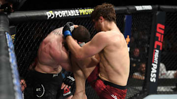 OTTAWA, ON - MAY 04: (R-L) Andrew Sanchez knees Marc-Andre Barriault of Canada in their middleweight bout during the UFC Fight Night event at Canadian Tire Centre on May 4, 2019 in Ottawa, Ontario, Canada. (Photo by Jeff Bottari/Zuffa LLC/Zuffa LLC via Getty Images)