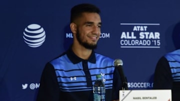 Jul 27, 2015; Denver, CO, USA; Tottenham Hotspur midfielder Nabil Bentaleb reacts during an All-Star press conference at Grand Hyatt. Mandatory Credit: Shanna Lockwood-USA TODAY Sports