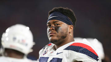 LOS ANGELES, CALIFORNIA - OCTOBER 19: Offensive lineman Josh Donovan #56 of the Arizona Wildcats during the game against the USC Trojans at Los Angeles Memorial Coliseum on October 19, 2019 in Los Angeles, California. (Photo by Meg Oliphant/Getty Images)