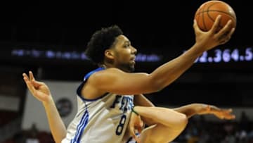 Jul 14, 2015; Las Vegas, NV, USA; Philadelphia 76ers center Jahlil Okafor (8) shoots over the top of New York Knicks forward Alex Kirk (53) during an NBA Summer League game at Thomas & Mack Center. The Knicks won the game in overtime, 84-81. Mandatory Credit: Stephen R. Sylvanie-USA TODAY Sports
