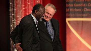 SPRINGFIELD, MA - AUGUST 12: Tom "Satch" Sanders is hugged by Hall of Fame Player Tom Heinsohn during the Basketball Hall of Fame Enshrinement Ceremony at Symphony Hall on August 12, 2011 in Springfield, Massachusetts. (Photo by Jim Rogash/Getty Images)