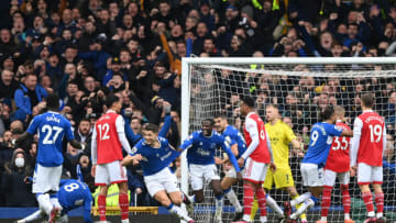 LIVERPOOL, ENGLAND - FEBRUARY 04: James Tarkowski of Everton celebrates after scoring their team's first goal during the Premier League match between Everton FC and Arsenal FC at Goodison Park on February 04, 2023 in Liverpool, England. (Photo by Gareth Copley/Getty Images)