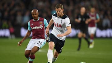 STRATFORD, ENGLAND - MAY 05: Jan Vertonghen of Tottenham Hotspur controls the ball as Andre Ayew of West Ham United closes in during the Premier League match between West Ham United and Tottenham Hotspur at the London Stadium on May 5, 2017 in Stratford, England. (Photo by Mike Hewitt/Getty Images)