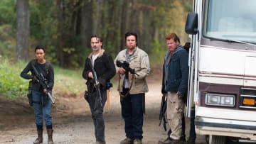 Sasha (Sonequa Martin-Green), Rick Grimes (Andrew Lincoln), Eugene Porter (Josh McDermitt), and Abraham Ford (Michael Cudlitz) in Episode 16Photo Credit: Gene Page/AMC, The Walking Dead