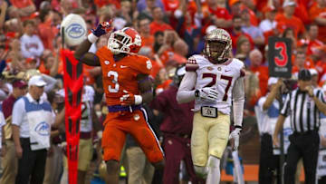 Nov 7, 2015; Clemson, SC, USA; Clemson Tigers wide receiver Artavis Scott (3) celebrates during the first half against the Florida State Seminoles at Clemson Memorial Stadium. Tigers won 23-13. Mandatory Credit: Joshua S. Kelly-USA TODAY Sports