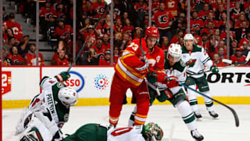 CALGARY, AB - MARCH 2: Devan Dubnyk #40 of the Minnesota Wild jumps on a rebound during an NHL game against the Calgary Flames on March 2 18, 2019 at the Scotiabank Saddledome in Calgary, Alberta, Canada. (Photo by Gerry Thomas/NHLI via Getty Images)