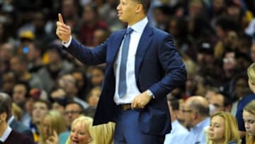Feb 18, 2016; Cleveland, OH, USA; Cleveland Cavaliers head coach Tyronn Lue calls a play during the third quarter against the Chicago Bulls at Quicken Loans Arena. The Cavs won 106-95. Mandatory Credit: Ken Blaze-USA TODAY Sports