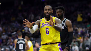 Jan 12, 2022; Sacramento, California, USA; Los Angeles Lakers forward LeBron James (6) argues a call during the first quarter against the Sacramento Kings at Golden 1 Center. Mandatory Credit: Sergio Estrada-USA TODAY Sports