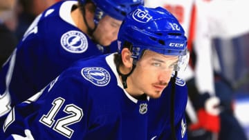 TAMPA, FLORIDA - NOVEMBER 01: Alex Barre-Boulet #12 of the Tampa Bay Lightning skates in warm-ups prior to the game against the Washington Capitals at the Amalie Arena on November 01, 2021 in Tampa, Florida. (Photo by Bruce Bennett/Getty Images)