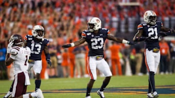 Auburn football defensive back Roger McCreary (23) celebrates after deflecting a pass at Jordan-Hare Stadium in Auburn, Ala., on Saturday, Sept. 28, 2019. Auburn defeated Mississippi State 56-23.Jc Auburnmissstate 82