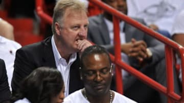May 26, 2014; Miami, FL, USA; Indiana Pacers president Larry Bird watches the game against the Miami Heat in game four of the Eastern Conference Finals of the 2014 NBA Playoffs at American Airlines Arena. Mandatory Credit: Steve Mitchell-USA TODAY Sports