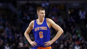 Mar 4, 2016; Boston, MA, USA; New York Knicks forward Kristaps Porzingis (6) reacts during the first half of a game against the Boston Celtics at TD Garden. Mandatory Credit: Mark L. Baer-USA TODAY Sports