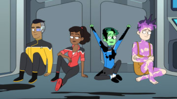 "Second Contact" -- Pictured (L-R) Eugene Cordero as Ensign Rutherford, Tawny Newsome as Ensign Beckett Mariner, Nol Wells as Ensign Tendi and Jack Quaid as Ensign Brad Boimler of the CBS All Access series STAR TREK: LOWER DECKS. Photo Cr: Best Possible Screen Grab CBS 2020 CBS Interactive, Inc. All Rights Reserved.