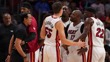 Head coach Erik Spoelstra of the Miami Heat yells at Jimmy Butler #22 during a timeout(Photo by Eric Espada/Getty Images)